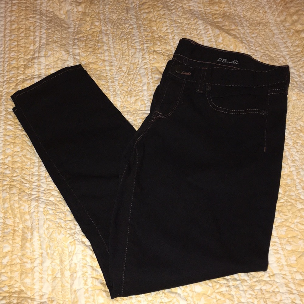 J. Crew black toothpick jeans with brown stitching